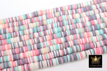 2 Strands 6 mm Clay Flat Beads, Pastel Heishi beads in Polymer Clay Disc CB #132, Pink Aqua